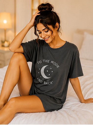 Women’s Charcoal Grey “To the Moon and Back” Printed Oversized Sleep T-Shirt